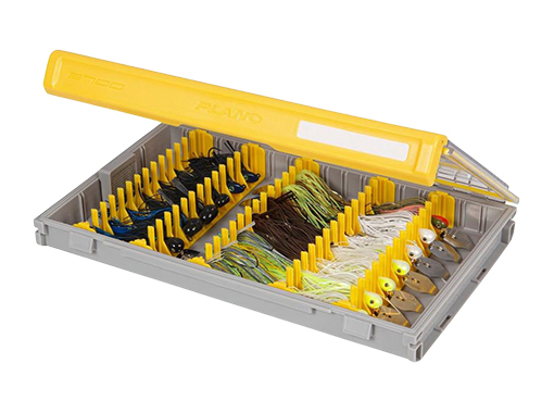 A yellow and gray Plano Edge jig box.