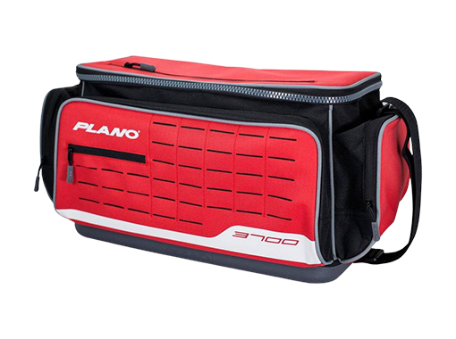 A red Plano Weekend soft sided tackle bag.